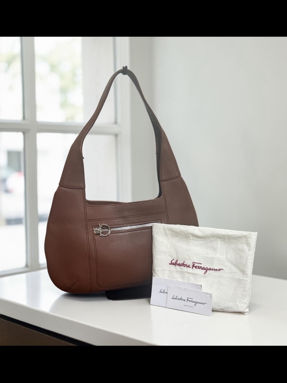 Salvatore Ferragamo Vintage Brown Leather Shoulder Hobo Bag with Dust Cover
